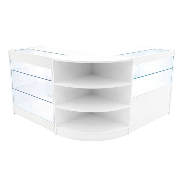 White LED shop counter set featuring curved design, glass shelves, and modern aesthetic, ideal for retail displays and merchandise
