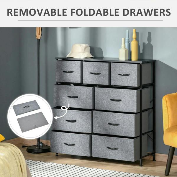 Grey fabric 9-drawer dresser with removable-style drawer fronts and curved black handles