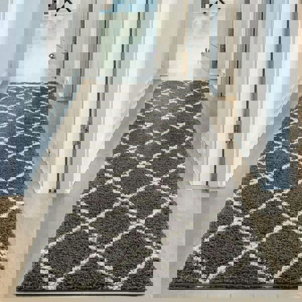 Moroccan Design Thick Shaggy Area Rugs Dark Grey