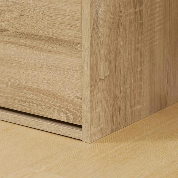Natural wood shoe storage bench side panel and base edge, smooth drawer front