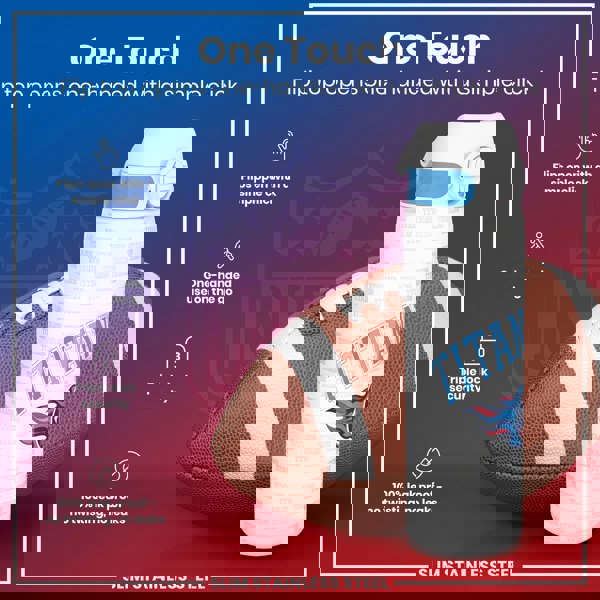 A water bottle, with a flip top that opens one-handed, rests beside an American football. The bottle is white with a blue accent and "Titans" text repeated across its surface. The background is a stylized NFL shield. "One Touch" and other features are described.