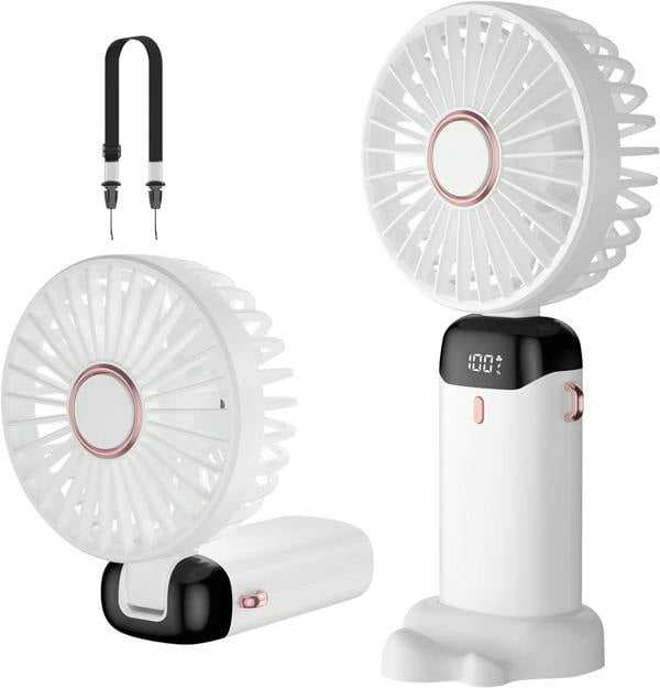 Dyzi 2-in-1 Portable Travel Mini Handheld Desk Table Fan USB-C Rechargeable White