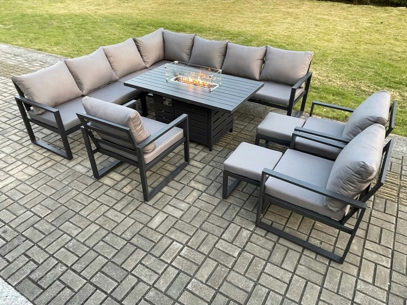 Fimous Aluminium 12 Seater Garden Furniture Outdoor Set Patio Lounge Sofa Gas Fire Pit Dining Table Set with 3 Chairs 2 Small Footstools Dark Grey