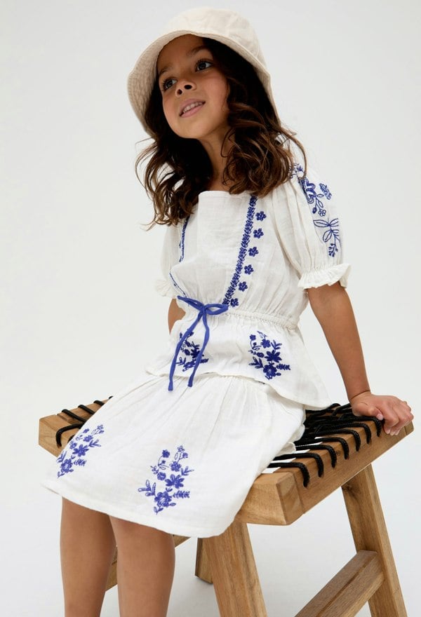 Kids Ally Paneled Waist Embroidered cotton Skirt In White - image 3
