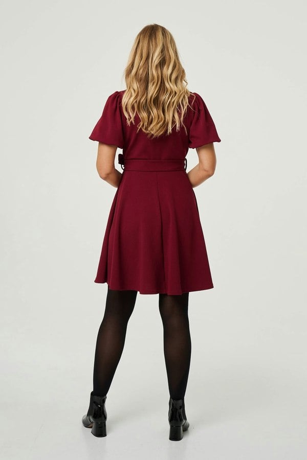Red | Puff Sleeve Tie Waist Short Skater Dress