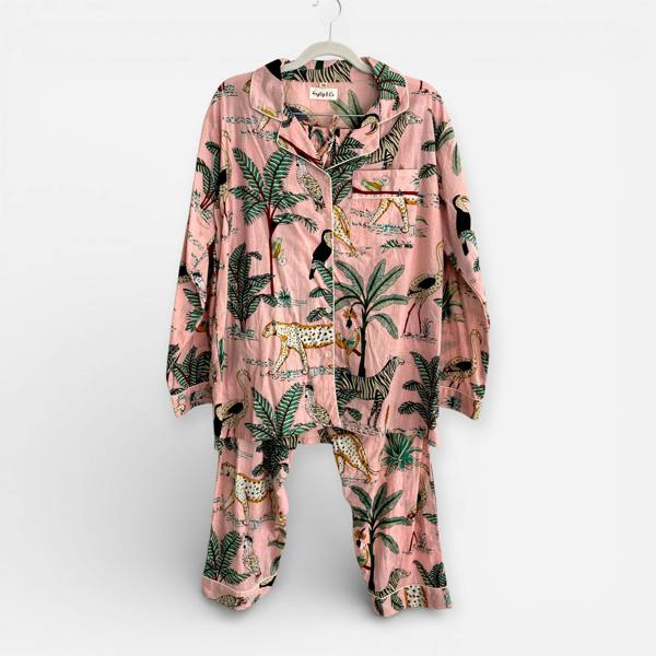 Hayley & Co Jungle Print 100% Cotton Long Pyjama Set in Pale Pink