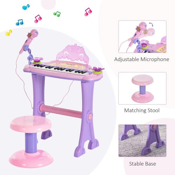 Pink mini electronic keyboard set with adjustable microphone, matching stool, stable base