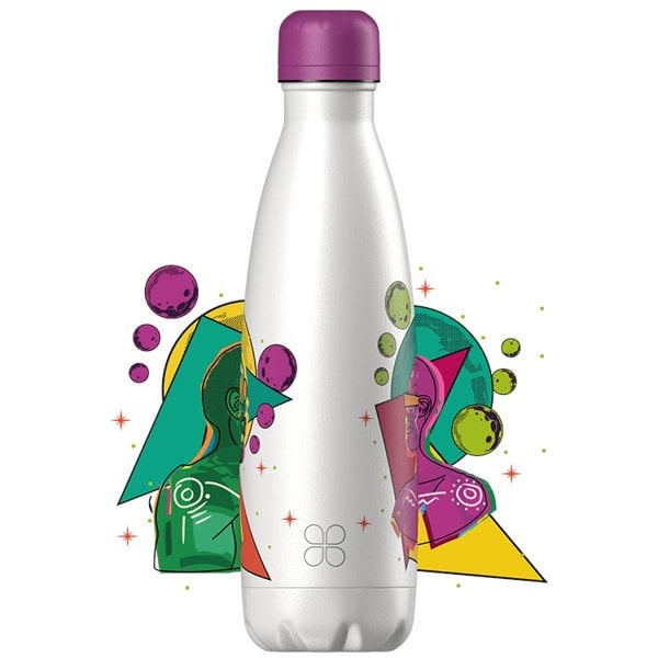 White water bottle with fancy design of a woman and man in an afro-future setting