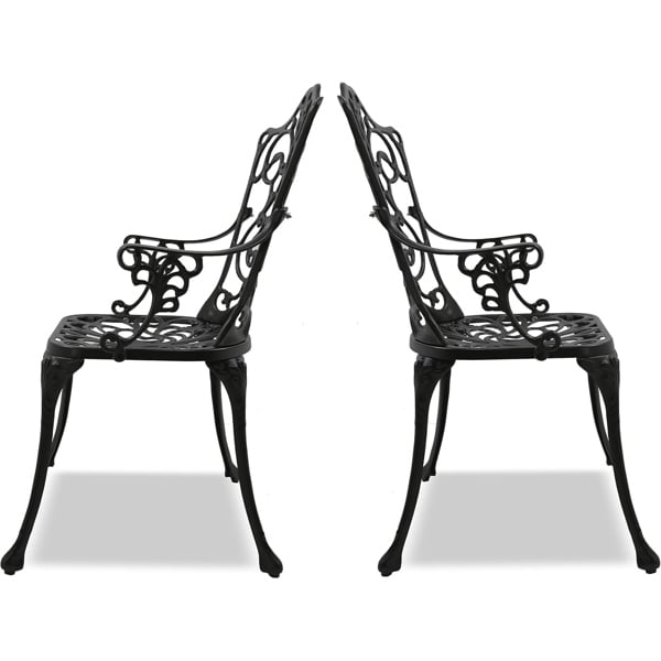 Homeology Tabreez 2-Large Garden and Patio Bistro Chairs with Armrests in Cast Aluminium Black