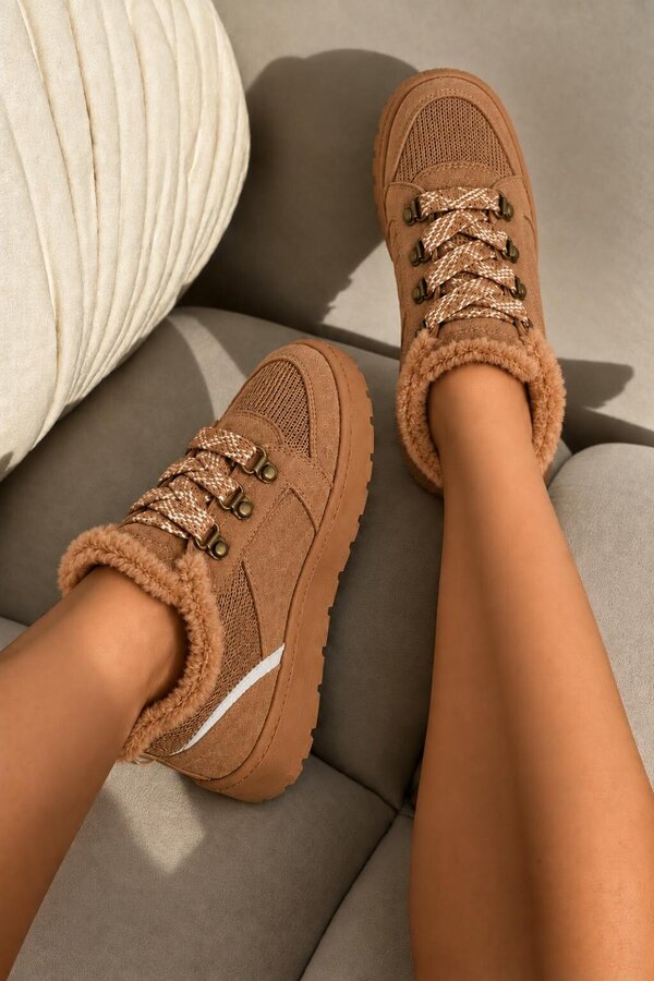 Love Lemonade Hudson Comfort Faux Suede Check Lace Faux Fur Lined Trainers Camel