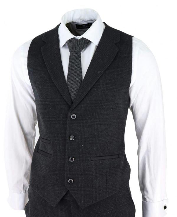 TruClothing Mens Black 3 Piece Tweed Suit Peaky Blinders 1920s Gatsby Classic Tailored Fit