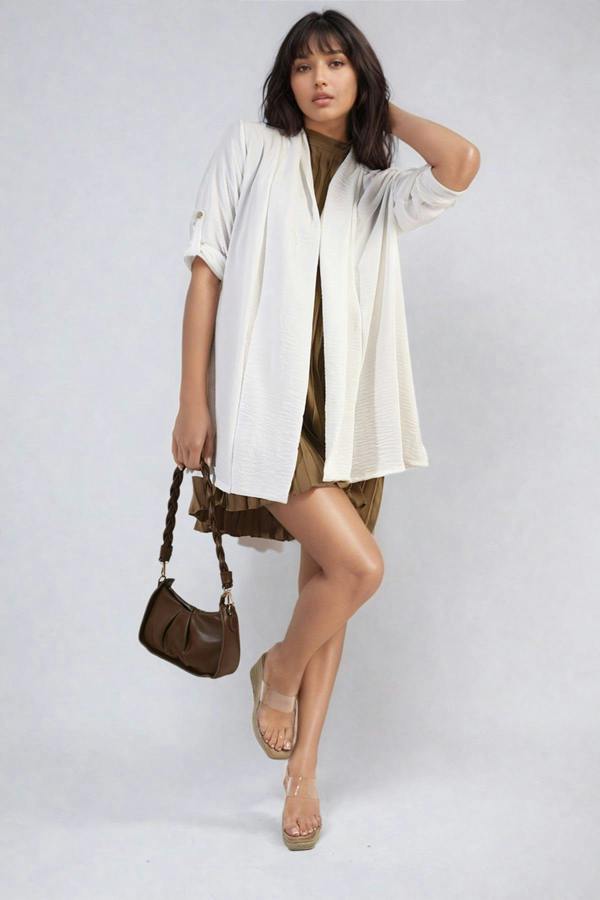 Vivian Open Front Roll Up Sleeve Cardigan - White