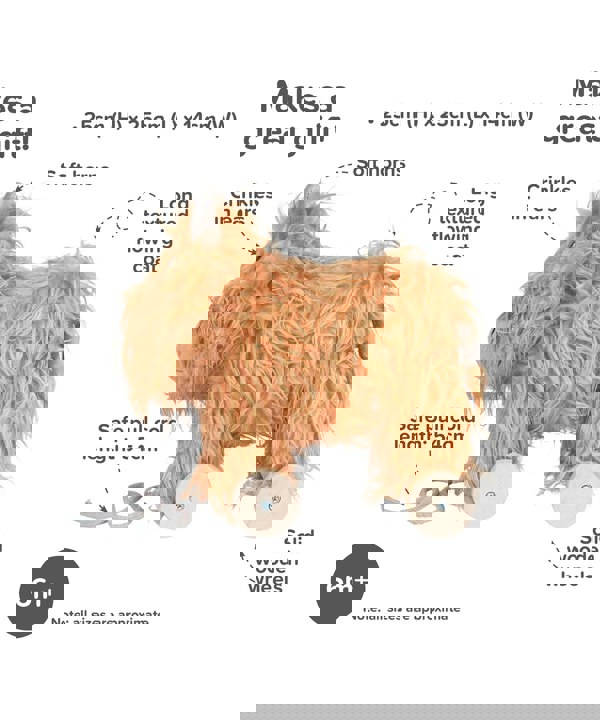 Infographic image of Hubert Highland Cow Toy showing features and benefits