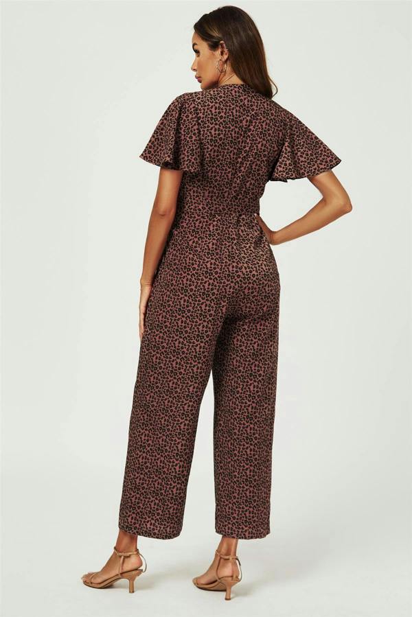 FS Collection Leopard Print Wrap Top Jumpsuit In Rusty