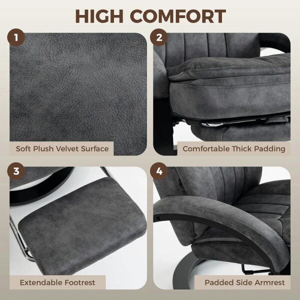 Swivel Recliner Chair, Velvet Recliner Armchair with Retractable Footrest, Dual-Layer Cushion, High Back, Dark Grey