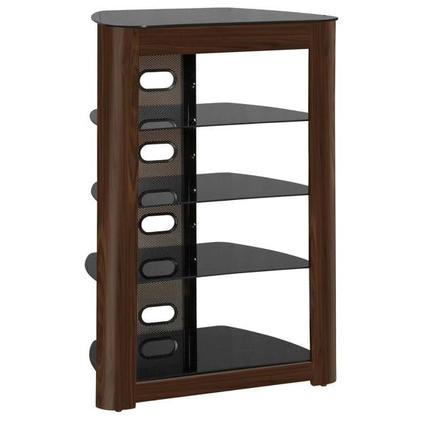 Homeology ZINNIA 5-Tier Walnut Fascia with Black Glass Shelves Entertainment Media Audio Rack