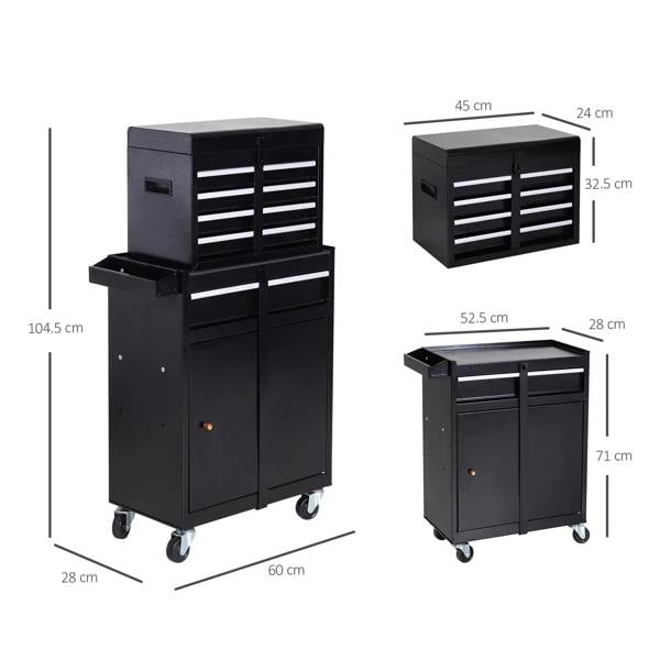 Black metal tool chest cabinet with drawers and side doors, shown with size diagram