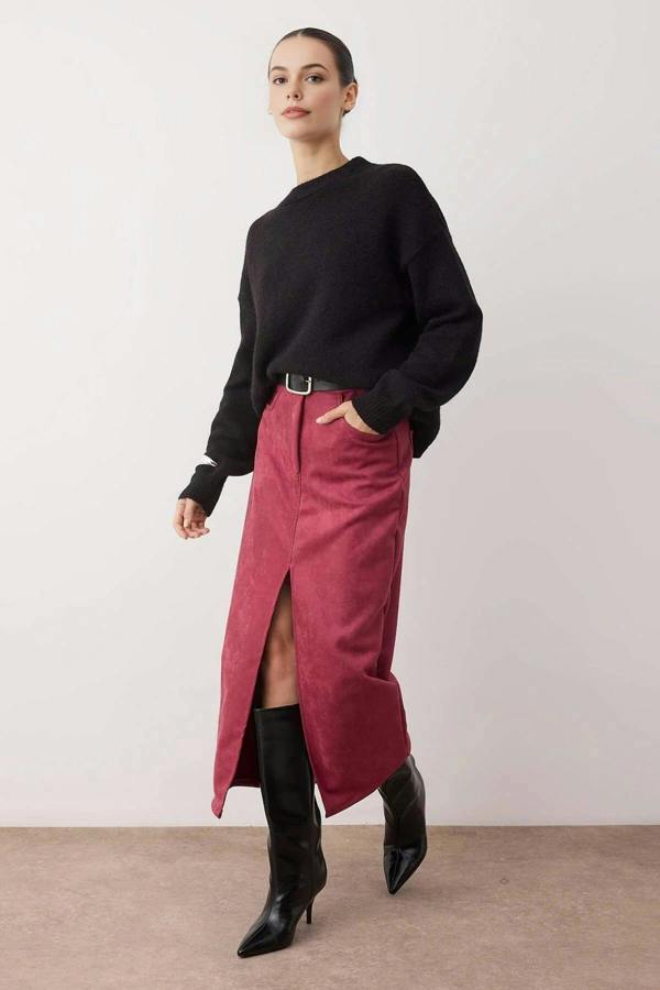 WOVCOR Suede Midi Knit Pencil Skirt with Front Slit