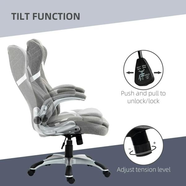 Grey linen-look office chair shown reclined, padded seat and back, adjustable tension knob