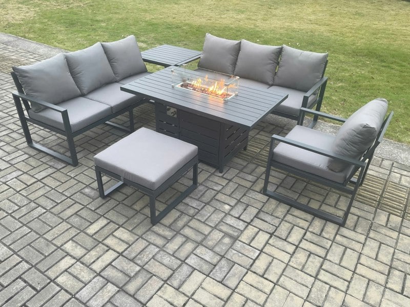 Fimous Aluminium 6 Pieces Garden Furniture Sofa Set with Cushions 8 Seater Gas Fire Pit Dining Table Set with Side Table Big Footstool Dark Grey