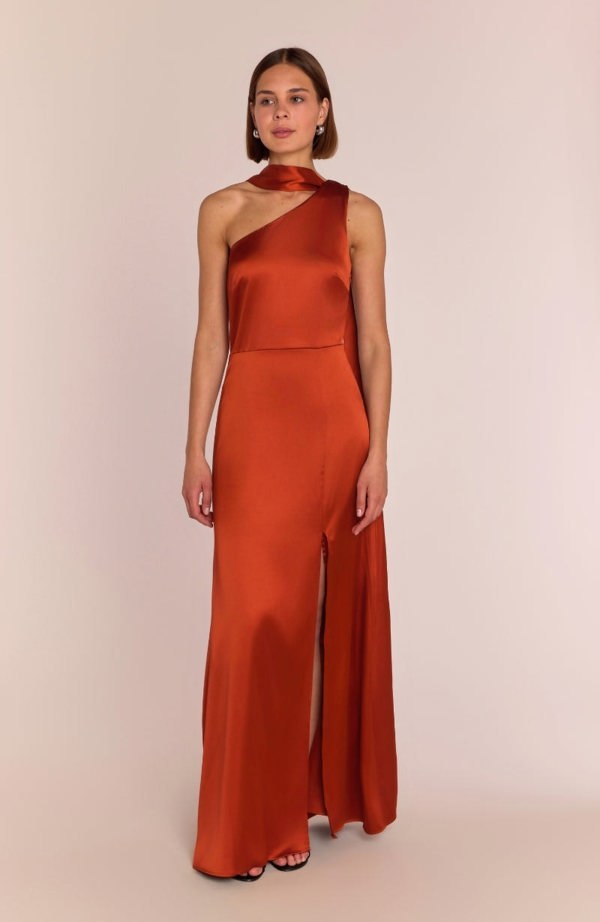 Rewritten London Porto Dress in Burnt Orange Satin