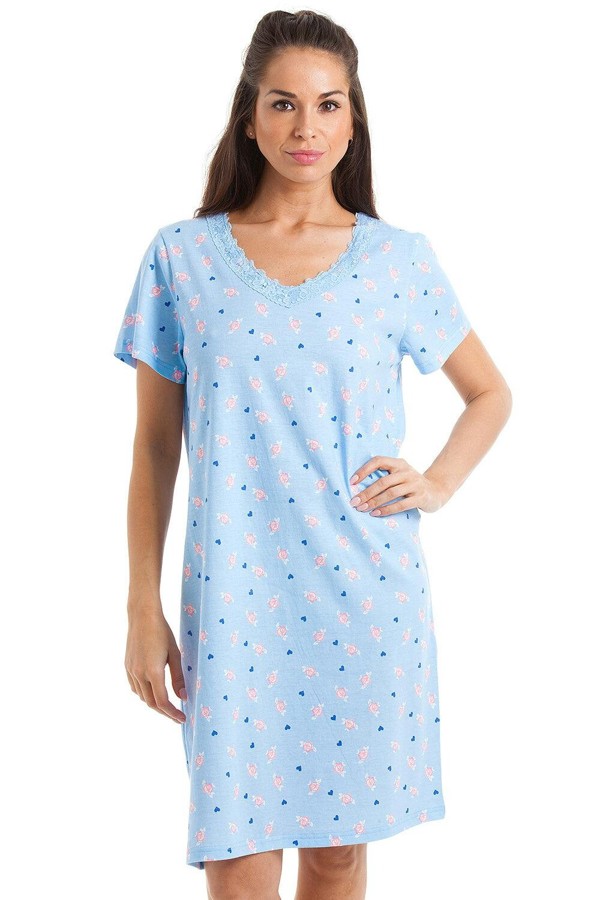 Camille Classic Rose Print Cotton Nightdress - Blue Floral Heart