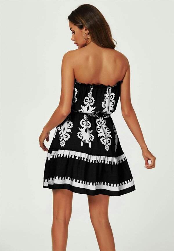 FS Collection Printed Broderie Strapless Mini Dress In Black