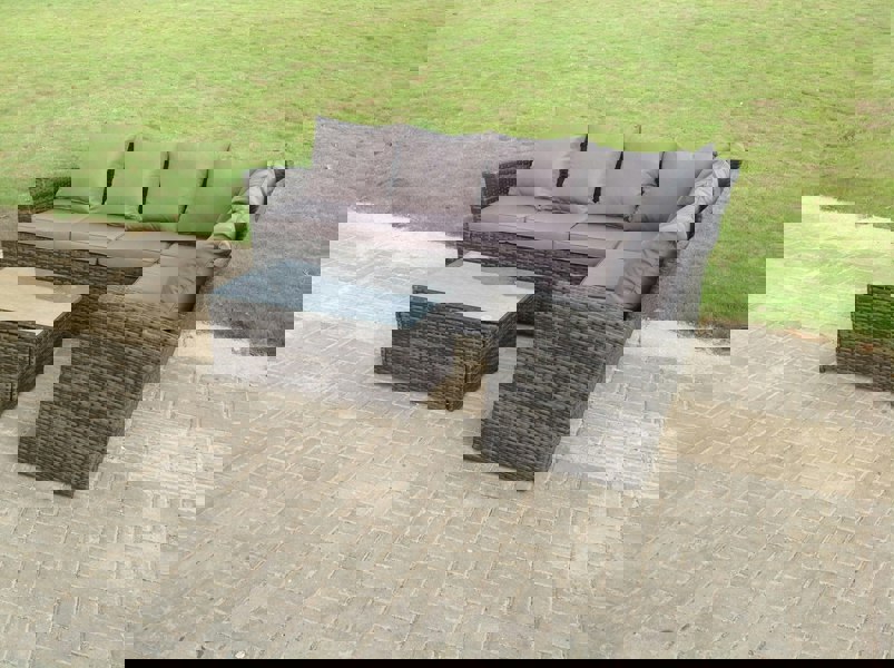 Fimous High Back Rattan Corner Sofa Set Oblong Coffee Table Outdoor Furniture dark Grey Right Option