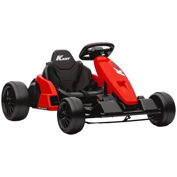Red electric go kart with black adjustable seat and 5-point harness