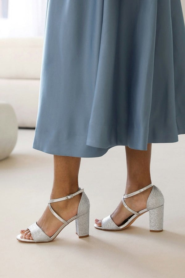 Where's That From Ruth Mid High Block Heel Sandals With Cross Over Ankle Strap in Silver