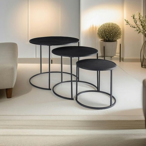 Rafaelo Mobilia Set Of 3 Round Wooden Nesting Tables Black