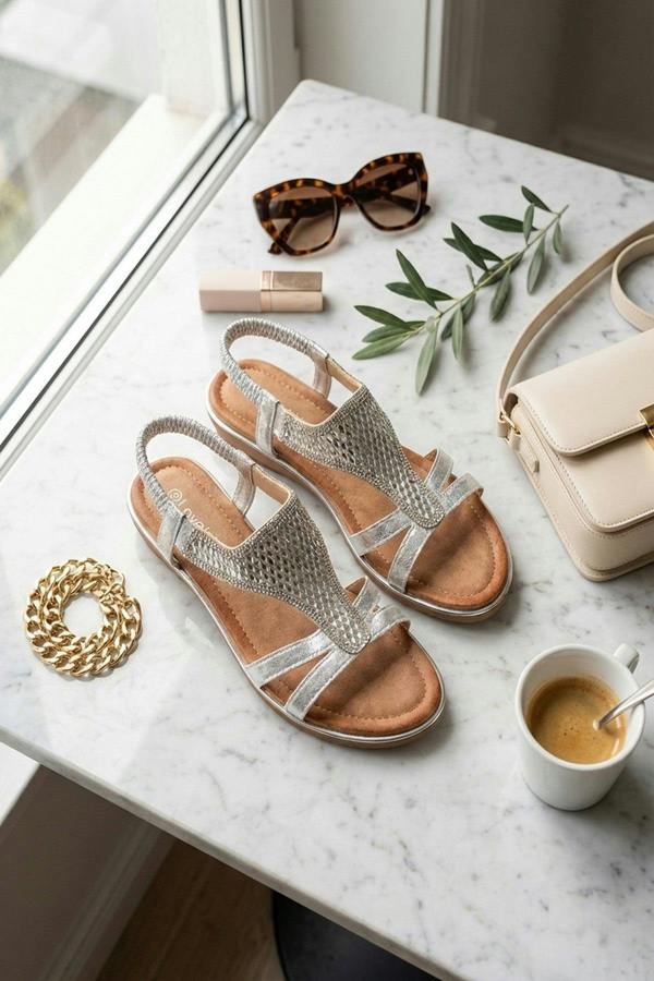 Amelia Womens Rhinestone Strappy Flat Sandals - Silver