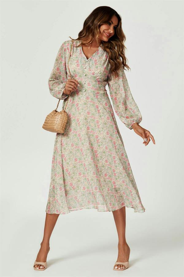 FS Collection Floral Print Long Sleeve Maxi Dress In Multi