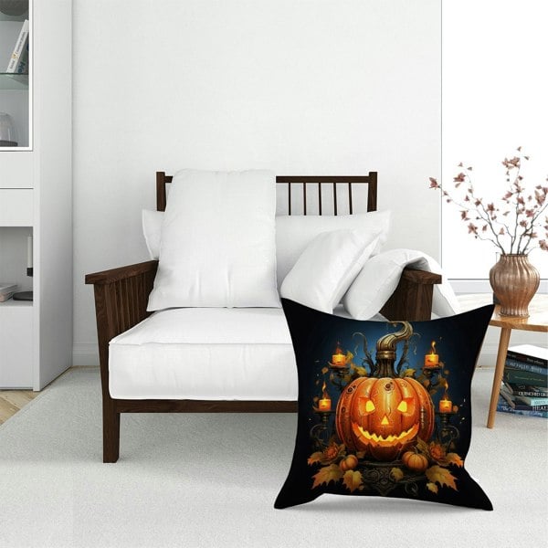 Warren Reed Spooy Pumpkin With Leaves And Small Candles Floor Cushion