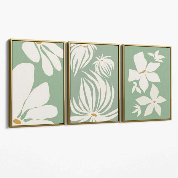 Set of 3 Green Floral Contemporary Canvas Art Prints with Gold Float Frame