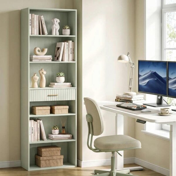 Bookcase Narrow Tall Space-Saving Bookshelf Drawer Open Shelves 60 x 24 x 182 cm Light Green - Light Green