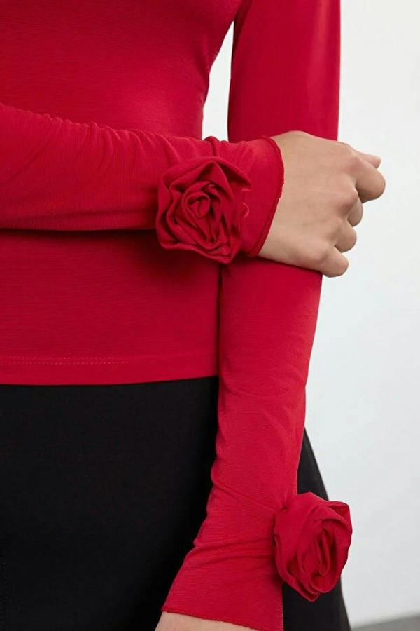 WOVCOR Long Sleeve Flexible Knit Blouse with Rose Detail