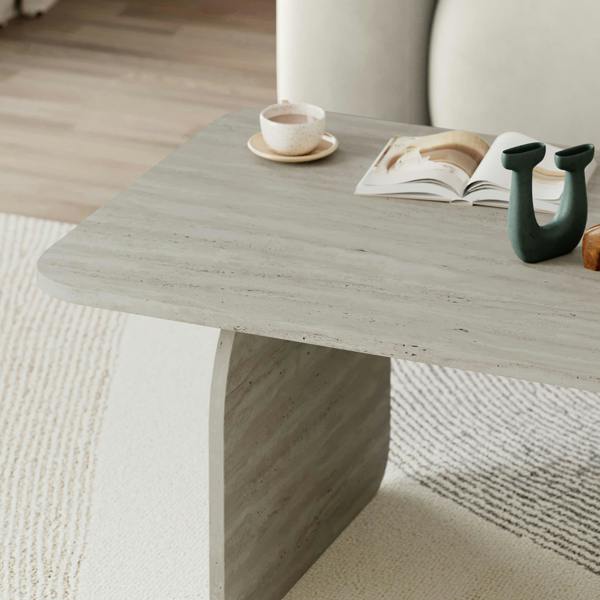 Decortie Modern Coffee Table Radius Edges with Flat Panel Legs Japandi Style Particleboard Living Room 100cm