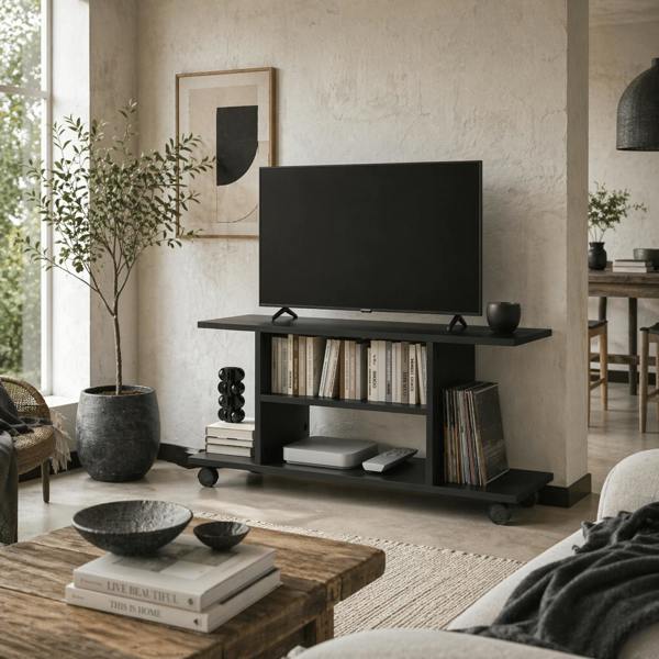 Wyld Haus Coro 80cm Wooden Black Mobile TV Storage Unit With Shelves And Bookcase Design