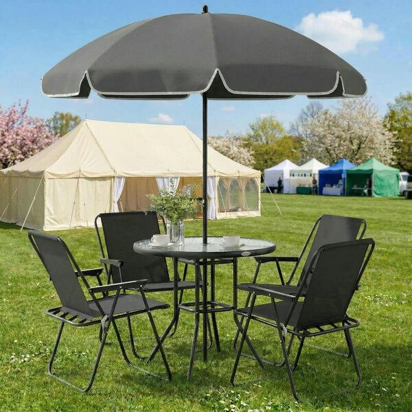 4 Seater Garden Furniture Set, 6 Pieces Garden Table and Chairs with Parasol for Patio, Black - Black