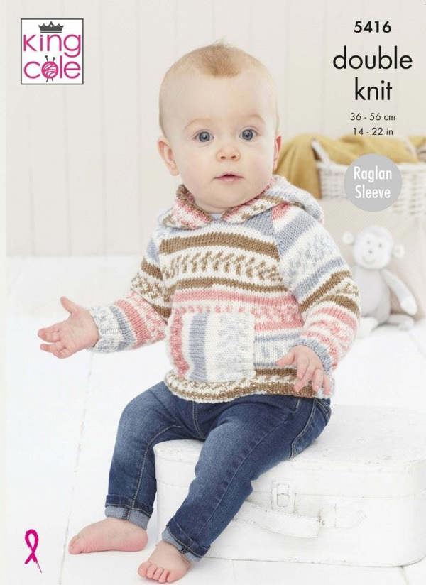 King Cole Cherish DK & Cherished DK Knitting Pattern 5416, Hoodies, Sweaters for Baby, 14 - 22 Inches