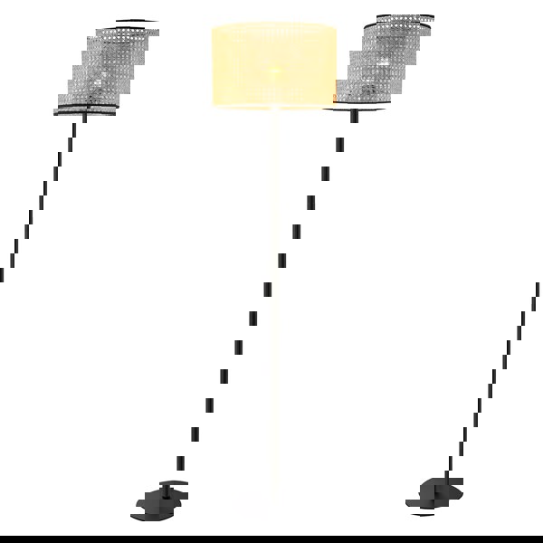 Classic Standing Floor Lamp in Matte Black with Circular Rattan Shade Image 1