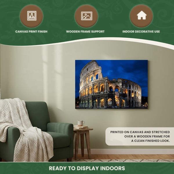 Roman Coliseum Print LED Canvas, 60 x 40 cm, Stretched Wooden Frame, 6 LED Lights in the Arches, Battery Powered with Switch
