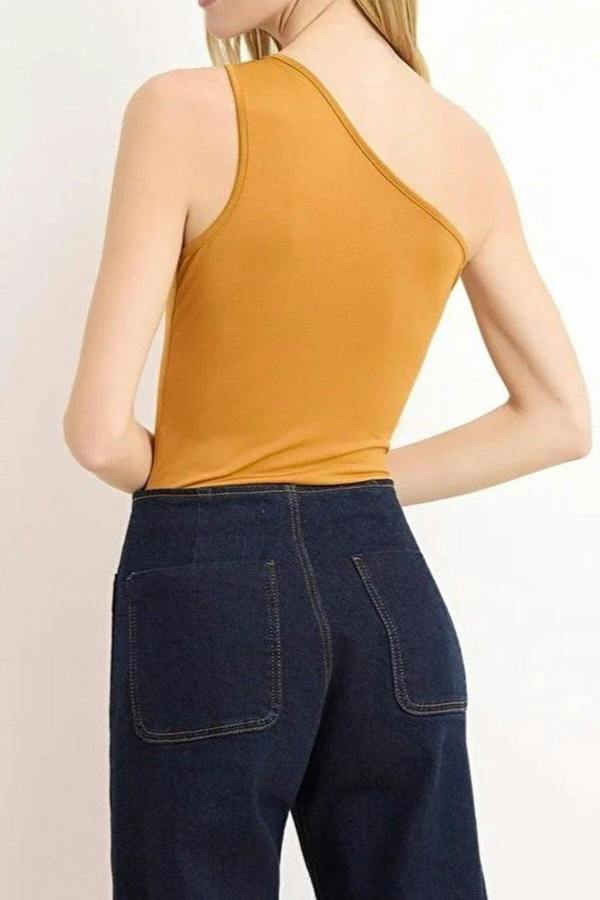 WOVCOR Asymmetrical Neckline Knitted Bodysuit with Accessory Detail