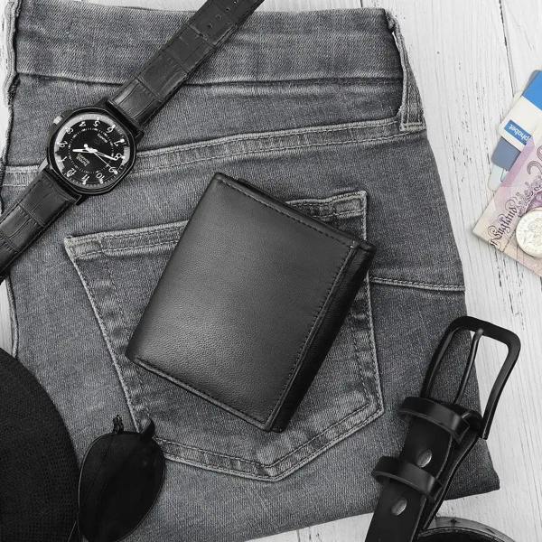 Flat lay of Basic Wallet Style 86 – RFID leather trifold wallet with zip pocket and accessories