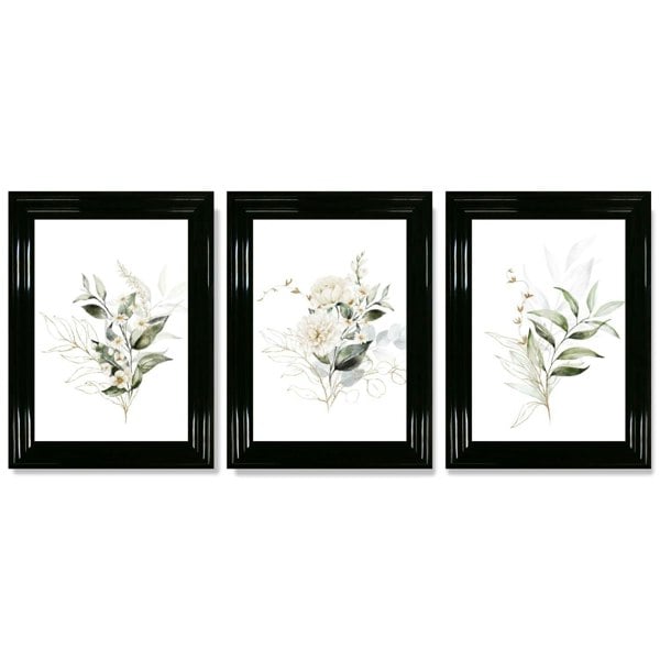 White an Green Floral Bouquets Set of 3 Framed Art Prints with Glossy Black Frames
