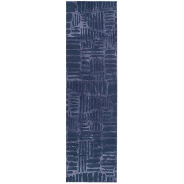 Navy blue runner rug with abstract pattern on a white background