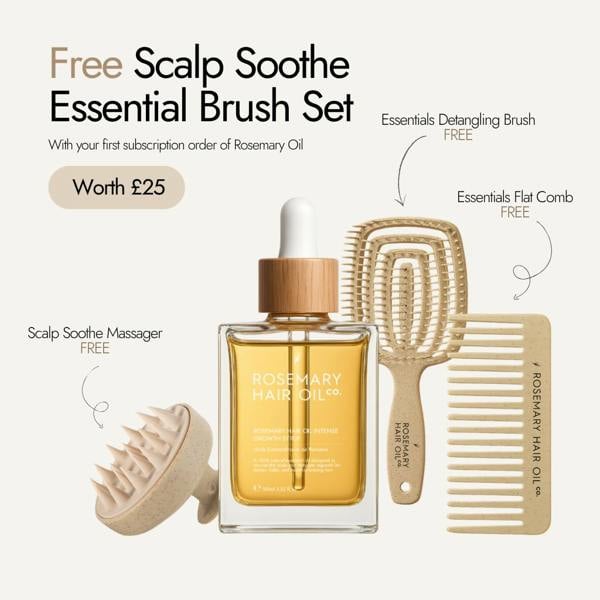 Rosemary hair oil, intense growth syrup, hair growth, rosemary oil, healthier, fuller-looking hair, castor oil, sunflower seed oil, stimulate, regrowth, hair thinning, natural, free brush set, subscription offer, flat comb, detangling brush, scalp massager