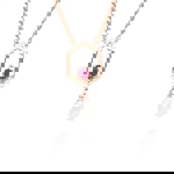 270N035602925 Modern Pearl & Ruby Hexagon Drop Necklace in Rose Gold Plated Silver 1