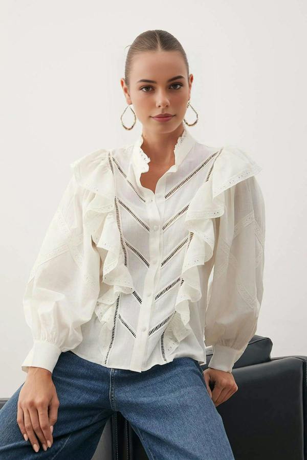 High Neck Balloon Sleeve Boho Applique Shirt